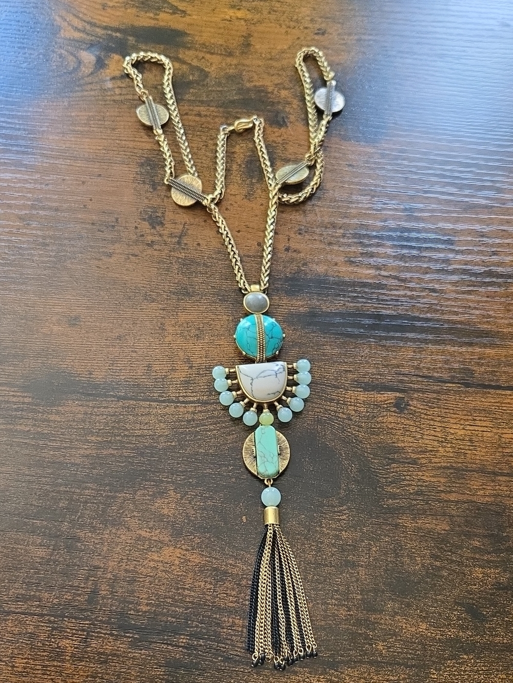 Stella & Dot Boho Turquoise Pendant Tassel Necklace - Gold Tone